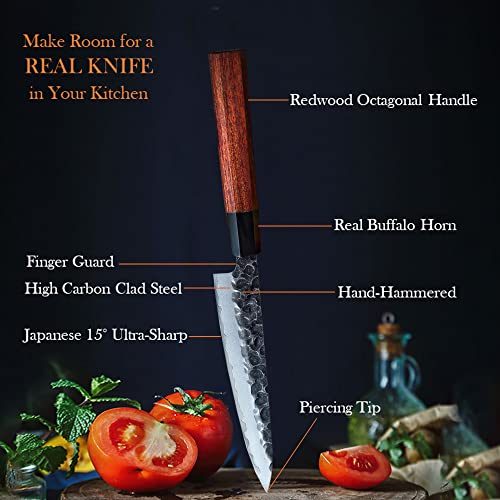 Shirkhan Utility Knife 6 Inch - Professional Japanese Petty Kitchen Knife - High Carbon Hand Hammered Clad Steel Blade 10Cr15Comov Cutting Core - Octagon Redwood Handle - Gift Box #TOP4