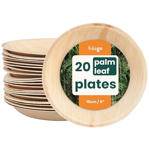 HAAGO 20 Platos Desechables de Hoja de Palma 15 cm/6" – Pequeños Platos de Madera Biodegradables y Compostables para Postres, Aperitivos y Guarniciones – Aptos para Microondas y Congelador