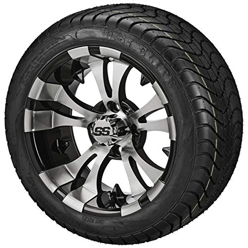 RM Cart 12 Warlock Black/Machined on 215/40-12 LSI Elite Tires (Set of 4) | Golf Cart Tires and Wheels Combo with Standard Lug Nuts