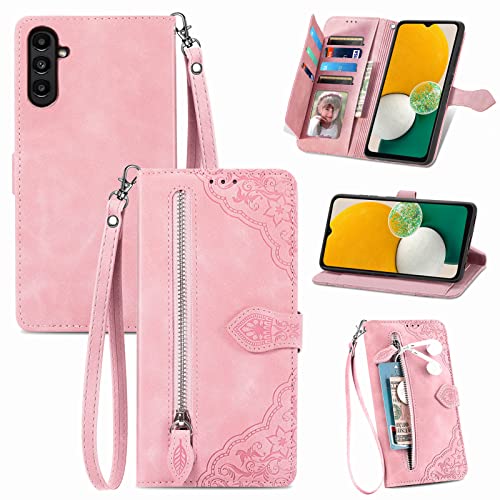 Furiet Compatible with Samsung Galaxy A13 5G Wallet Case with Wrist Strap Lanyard Leather Flip Card Holder Stand Cell Accessories Phone Cover for A04S M13 G5 A 13 2022 13A A135G SM A136U Women Pink