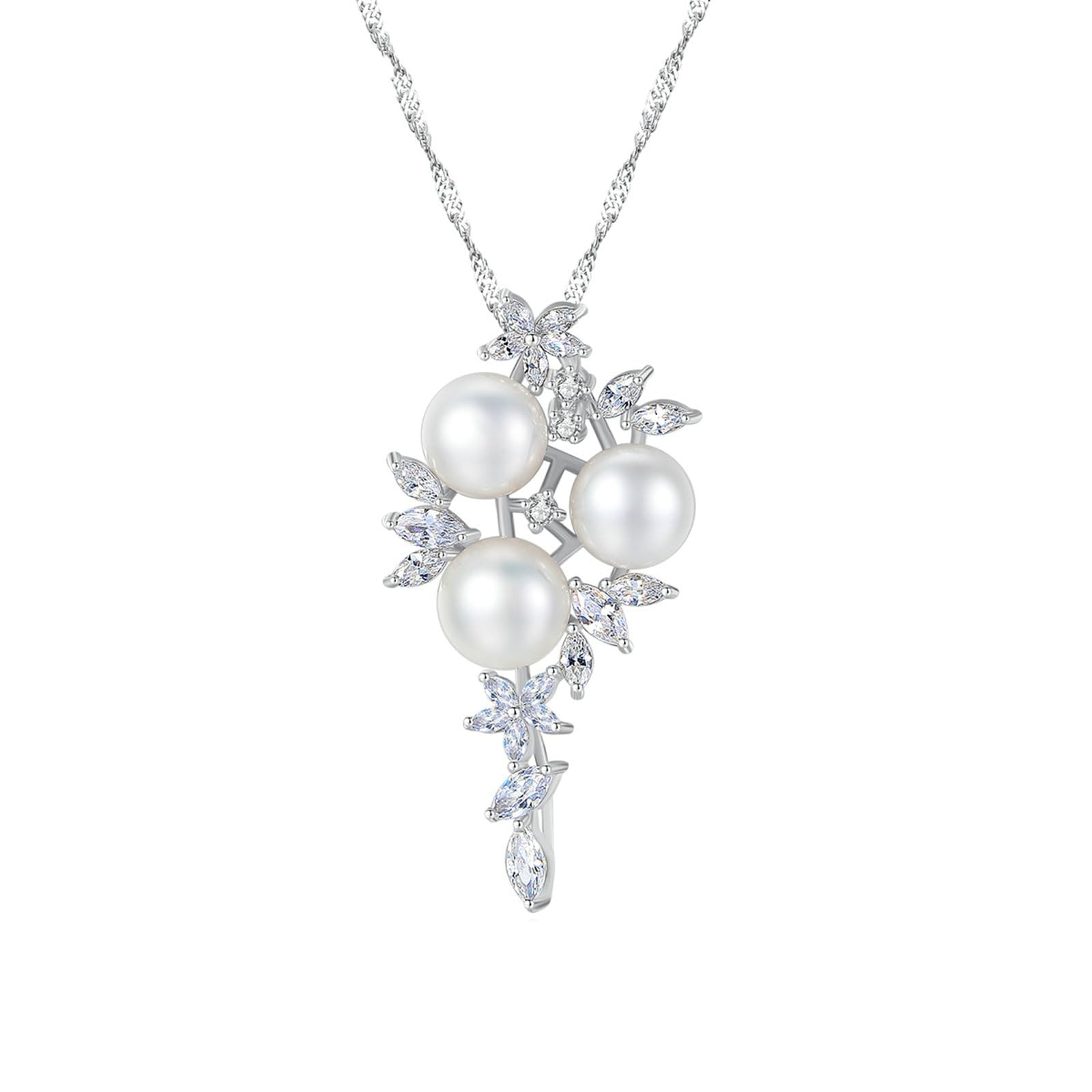 Naszyjnik damski 375 585 750 białe złoto, łańcuszek z zawieszką z białą perłą i kwiatowymi liśćmi z diamentowym łańcuszkiem 45 cm ślub panna młoda