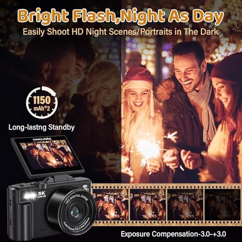 Image of BIGASUO 5K Digital Camera - 75MP Digital Cameras for Photography - Vlogging Camera for YouTube - Autofocus Video Camera 3 inch 180 Flip Screen with 18X Zoom (1204) (Black, B04)