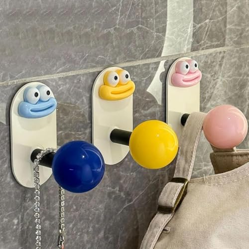 Image of Cartoon Face Self-Adhesive Wall Hook with Colorful Ball Shape Knob, No-Drill Hanging Hook (1)