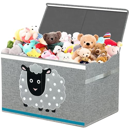 VERONLY Caja de almacenamiento con tapa grande, caja de juguetes con asas, 72 L, plegable, para habitación de los niños, ropa, libros, dormitorio (oveja gris)