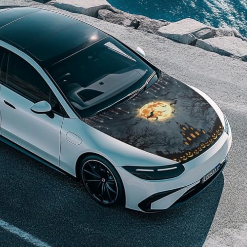 Image of Car Hood Cover Protector Halloween Haunted House Print Waterproof Car Hood Wrap Blanket Auto Flag Automotive Halloween Exterior Accessories for Sedans SUVs Pickups Trucks Jeeps