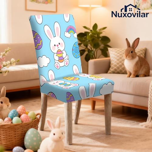 Image of Nuxovilar 4PCS Cute Bunny Design Milk Silk Elastic Chair Covers | Stretch Slipcover Cute Protector Bunny Wrap Seat Guard Dining Room Family Dinner Home Gathering (Cute Bunny)