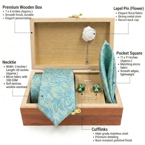 Image of Men's Necktie Gift Set with Wooden Box | Premium Tie, Pocket Square, Cufflinks & Lapel Pin | Elegant Formal Accessories Gift for Men