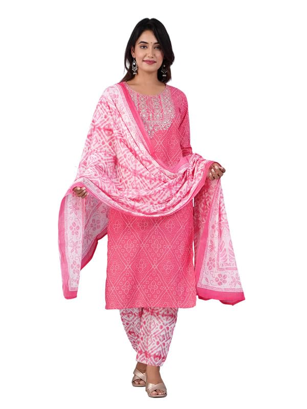 Tee Projekt Women's Cotton Blend Round Neck Straight Kurta Pant With Dupatta Set Ll Bandhej Print Kurta Set Pink