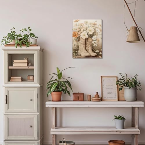 Image of Floral Cowgirl Boots Canvas Wall Art Set of 2, Cowboy Hat with Flower Wall Decor Paintings, Trendy Preppy Western Aesthetic Prints Pictures, for Girls Bedroom Living Room Dorm 12x16 inch Framed
