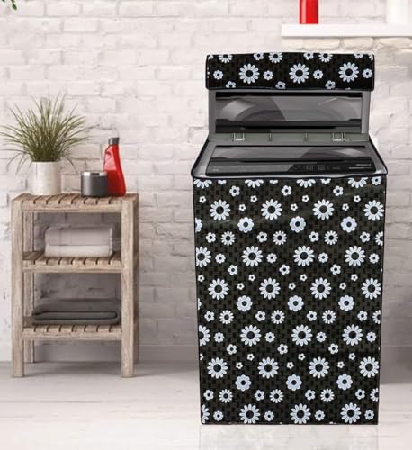 Black Floral Printed Pvc Waterproof & Dust-Proof Top Load Fully Automatic Decorative Washing Machine Cover for 6 kg, 6.5 Kg, 7 Kg & 7.5 Kg (Black, Pack of 1, Top Load)