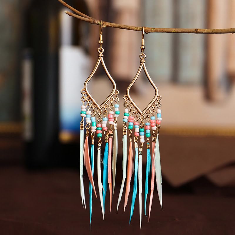 Bead Earrings Set Feather Tassel Gold Boho Ethnic Retro Bohemian Dangle Earring Bead Women Jewelry for Birthday Party Gifts4