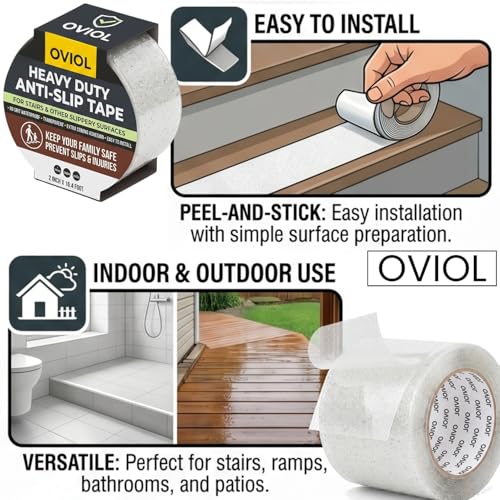 Image of OVIOL Anti Slip Tape for Stairs, Non-Slip Anti Skid Tape for Stairs Waterproof for Other Slippery Surfaces, 80 Grit, Heavy Duty 2 Inch X 16.4 Foot (TRANSPARENT, PACK OF 1)