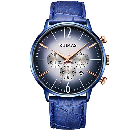RUIMAS Montre analogique à quartz pour homme avec chronographe et bracelet en cuir pour homme et femme Bleu