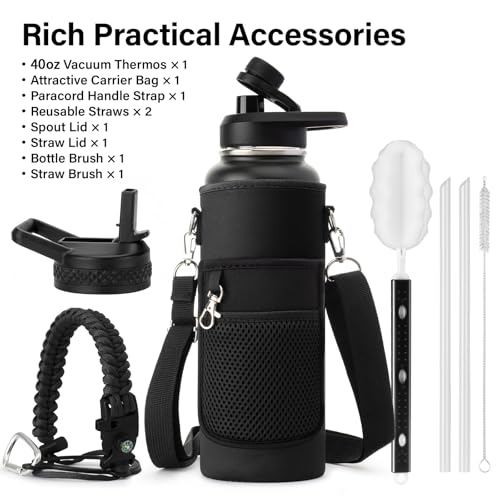 40 oz Insulated Water Bottle | Thickened Stainless Steel Vacuum Metal | Portable Sports Water Jug for Gym and Hiking with Straw, Carrier Bag, Handle Strap | BPA-Free 40 oz, Black