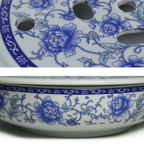Image of Porcelain Tea Tray, 10 inch Double-Layer Ceramic Tray Round for Tea Coffee Serving Table (Blue and White Peonies)