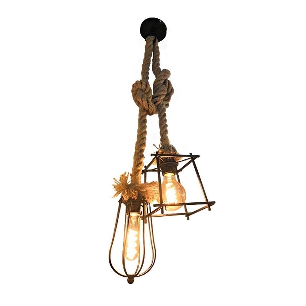 Plafonnier rétro corde de chanvre double tête E27 lustre suspendu fer métal style campagne