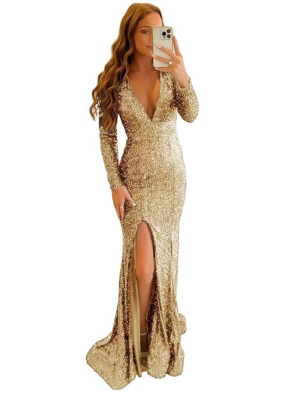 Sequin Mermaid Prom Dresses with Slit 2023 Sparkly Deep V Neck Long Sleeves Tight Formal Evening Party Gowns