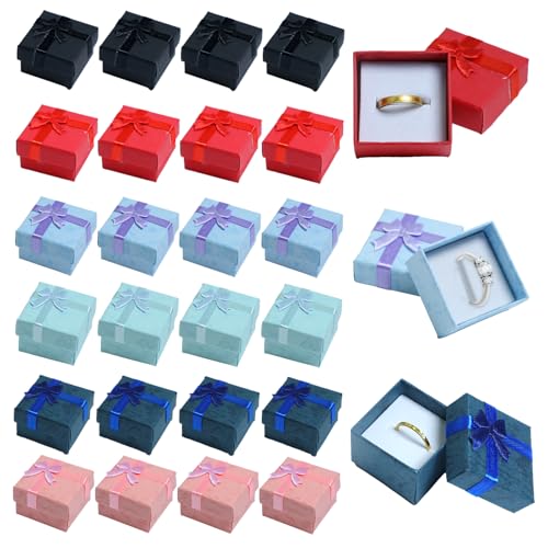 Gabrella 24 Pcs Small Gift Boxes, 1.57x1.57 Inch Mini Gift Box with Lid & Bow for Rings & Jewelry, Multi-Color Square Cardboard Ring Boxes Bulk Set (6 Colors)
