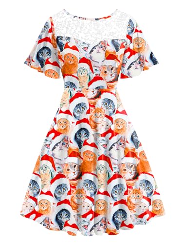 Arankhiger Damen Weihnachts Kleider Kurzarm Xmas Kleider Lustig Weihnachtskleid Weihnachtskatze M