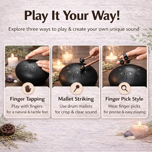 Image of LUXONIX Steel Tongue Drum 6 Inch 8 Notes | Handpan Percussion Instrument for Meditation, Yoga, Music Education & Healing | Includes Bag, Mallets, Music Book & Accessories (Black)