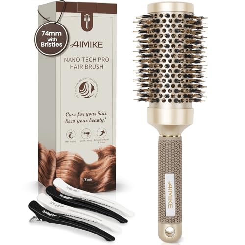 AIMIKE Round Hair Brush Nano Thermal Ceramic & Ionic Tech Round Brush RoundBrushes for Blow Drying with Boar Bristles Barrel Brush for Styling Curling Add Volume & Shine (74mm Barrel 43mm)