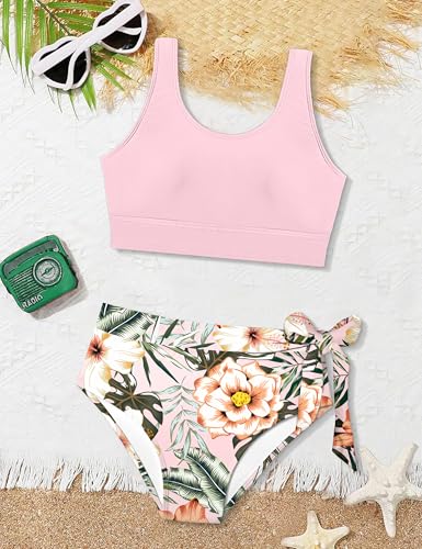 Image of Girls Tankini Swimsuits Tropical Print Bathing Suit Two Piece Girls' Swimwear with Tie Side Knot 9-16T