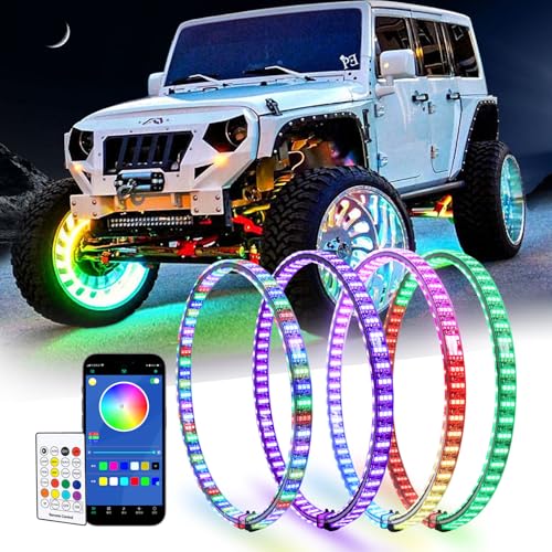Nicoko 15.5in Color Chasing 6 Rows Wheel Ring Lights, Multicolor Tire Wheel Rim Light with Remote/APP Control IP67 Waterproof Ring Light for Truck Off-Road ATV SUV Pickup