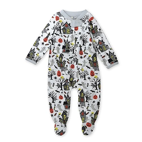 Image of HonestBaby Sleep and Play Footed Pajamas One-Piece Sleeper Jumpsuit Zip-front PJs Organic Cotton for Baby Boys, Unisex, Haunted House, 6-9 Months