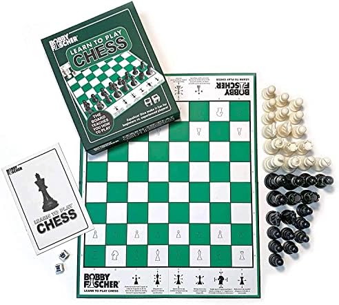Bobby Fischer® Learn to Play Chess Set Board Game, Easy to Understand - How to Play Chess Book, 34 Plastic Staunton Chess Pieces, Folding Illustrated Chess Board, Family Games for Kids and Adults