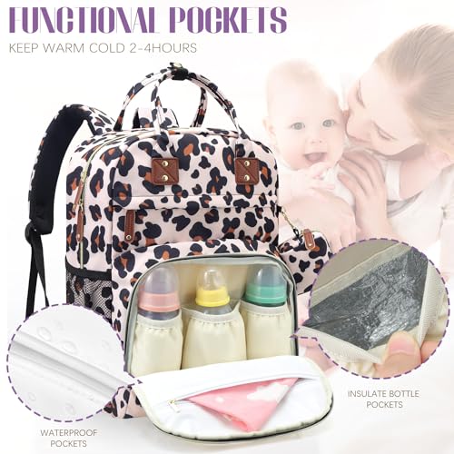 Image of Tuwubi Diaper Bag Backpack, Baby Essentials Travel Tote Bag, Multi function Waterproof Backpacks, Travel Essentials with Stroller Straps & Pacifier Case - Leopard Print