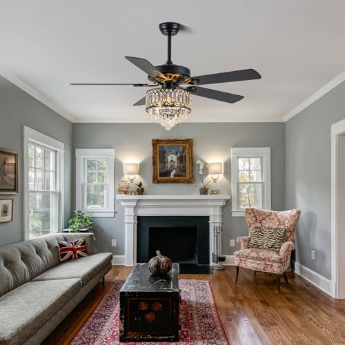 Image of 52'' Black Crystal Chandelier Ceiling Fan with Light