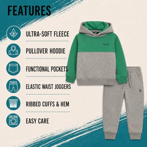 Image of Volcom Infant Toddler Baby Boys Joggers Set - 2 Piece Fleece Pullover Hoodie and Jogger Pants Activewear Set (Sizes: 12M-7)