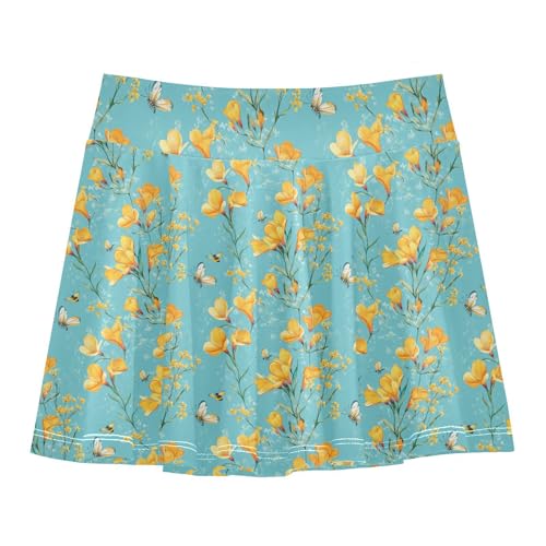 Floral Turquoise Flowy Girls Athletic Skorts with Built in Shorts Youth Cheer Skirt with Pockets Running Skirt for Little Girl