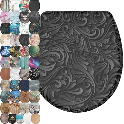 Image of Sanilo Wooden Toilet Seat with Quick Release & Soft Close [ROUND] - Decorative & Slow Close Molded Wood Seat - With One Click for Easy Installation & Cleaning - With Adjustable Fit (Floral)