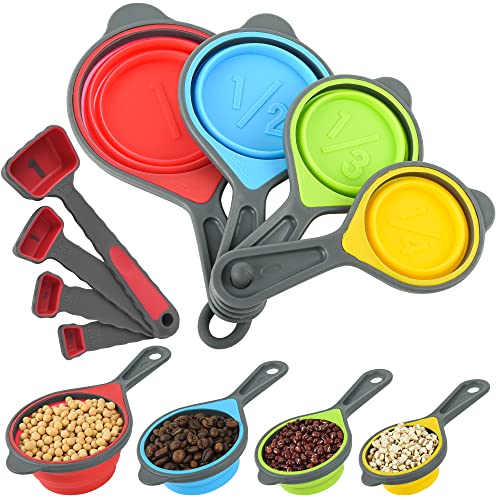 Silicone Measuring Set, 8 Piece Collapsible Cups & Spoons,...