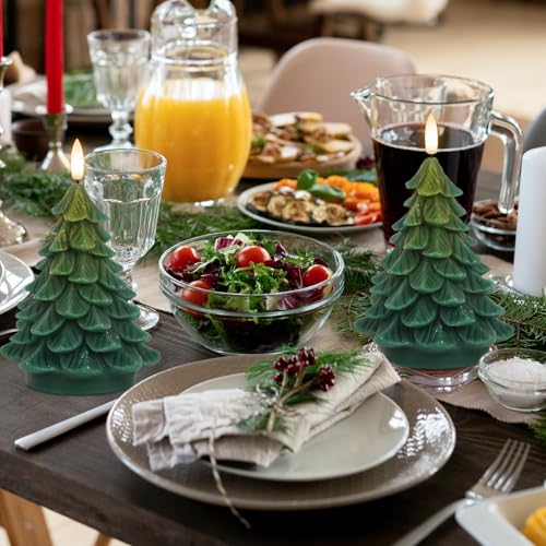 Image of Wondise Christmas Tree Flameless Candles Timer, 2 Packs Green Real Wax Battery Operated 3D Wick LED Flickering Candles Realistic Christmas Tree for Christmas Holiday Indoor Dinner Decor(2.76 inch x 5.9 inch)