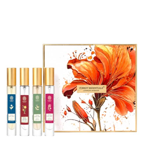 Image of Forest Essentials Luxury Unisex Liquid Perfume Gift Box|4 Long Lasting Floral Scents X 10Ml Each|Nargis, Rose, Oudh & Jasmine Saffron