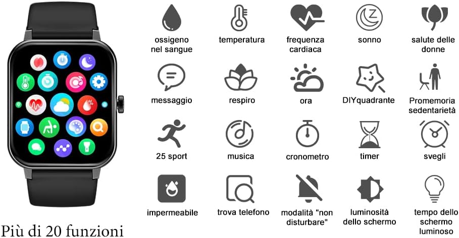 IOWODO Smartwatch Uomo Donna Impermeabile IP68 Smart Watch Donna Uomo con Ossimetro (SpO2) Contapassi Frequenza Cardiaca Calorie Sonno Notifica Messaggio, Schermo 1,69 per iOS e Android (2 Cinturini)