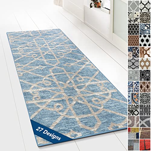 Floordirekt Teppichläufer mit Muster - maßgefertigter Feinschlingen Teppich Läufer für Küche, Flur & Wohnraum - Ornament Vintage Orient Gitter (80 x 450 cm, Navelli Blau)