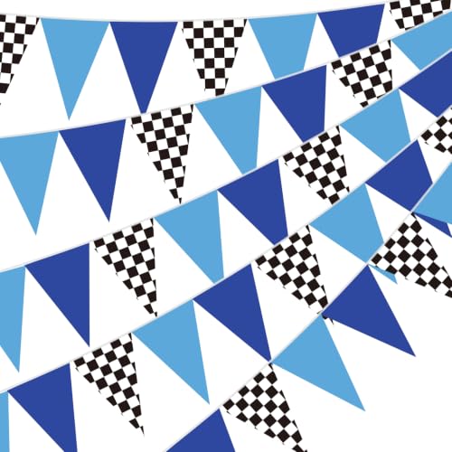 Image of Tiamon 5 Pcs 6 7 Birthday Decorations Pennant Banner 49.2 ft | I Was 6 Now I'm 7 Pennant Six Seven Meme Bunting Blue Black Checkered Triangle Flag for Baby Shower 7th Birthday Party Decor