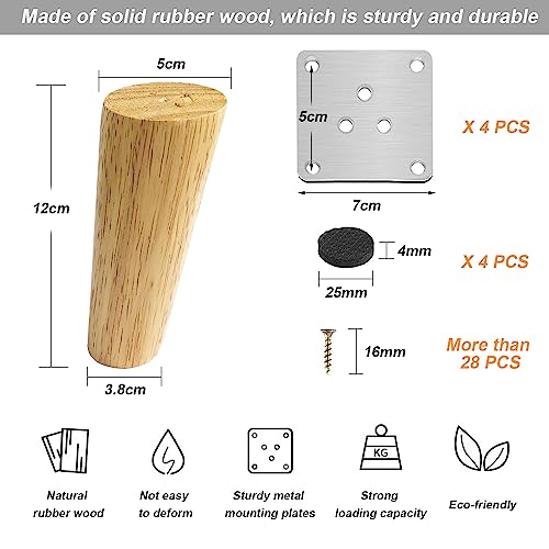 12cm Wooden Furniture Legs Set of 4pcs Solid Wood Oblique Tapered Furniture Replacement Feet Sofa Table Legs with Mounting Plate & Screws Anti-Slip Mats for Sofa TV Cabinet Bed Couch Dining Table - Image 2