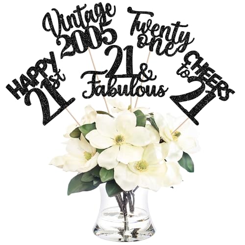 Image of 15 PCS Black 21st Birthday Centerpiece Sticks Double Sided Twenty One Happy 21 Vintage 2005 Table Flower Centerpieces Sticks Cheers to 21 Fabulous Floral Decorations for 21st Birthday Party Supplies