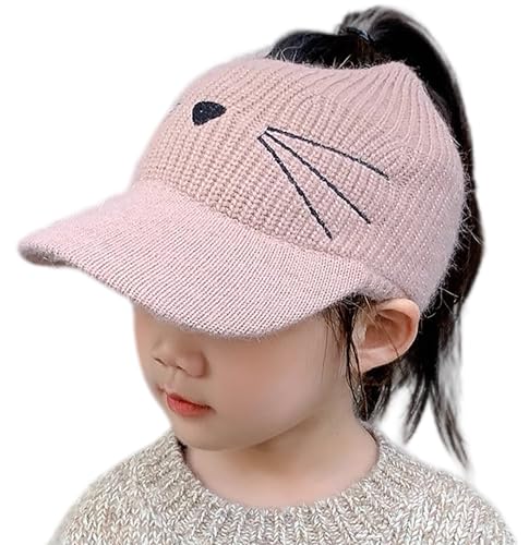 Messy-Bun Ponytail-Knit-Visor Beanie-Hat for Littles Girls 2 to 7 Years Outdoor Warm Basball-Cap