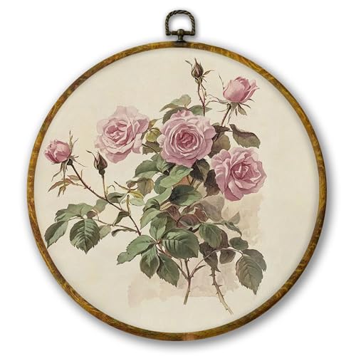 Mcehtle Vintage Floral Botanical Wall Art Decor, Antique Rose Framed Canvas Prints 10x10, Botanical Spring French Country Farmhouse Round Wall Hanging Artwork Decorations for Bedroom Living Room