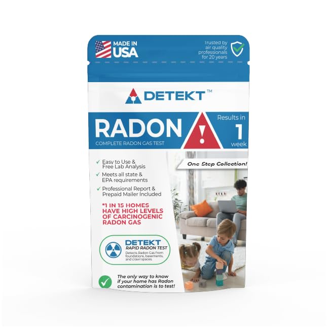 #1 Radon Gas Test Kit for Home Air Quality By Detekt® – 1 Short-Term Test Kit for Radon – Free Certified Lab Analysis Included – Fast & Accurate Results – Made in USA Radon Test