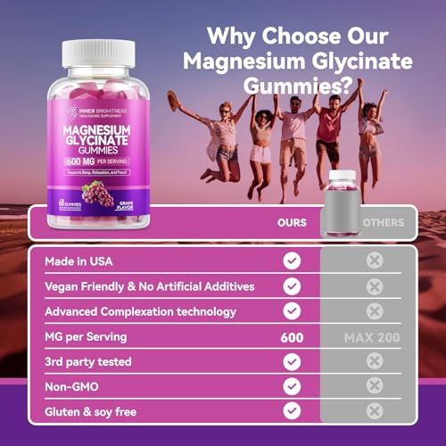 Image of Magnesium Glycinate Gummies 600mg, Non-GMO, Gluten-Free, Magnesium Gummies for Adults & Kids, Sleep, Relaxation & Focus, Grape Flavor, 60 Count