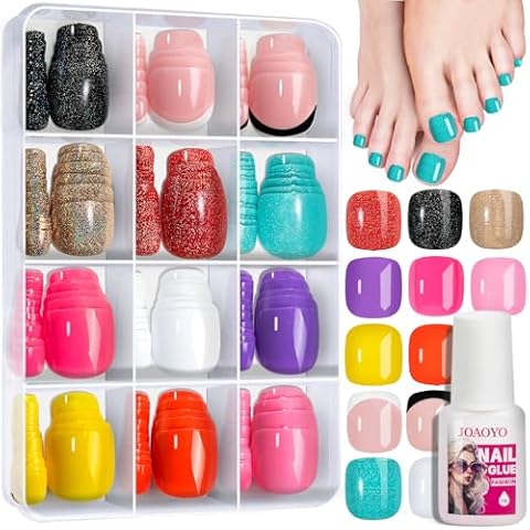 JOAOYO Press on Toenails 12 Colors 288 PCS Toe Nail Press Ons Short Square with Nail Glue,6 Glossy Press on Toe Nails Full Cover,4 Glitter Fake Toe Nails, 2 French Tip Toe Press on Nails for Summer Cover