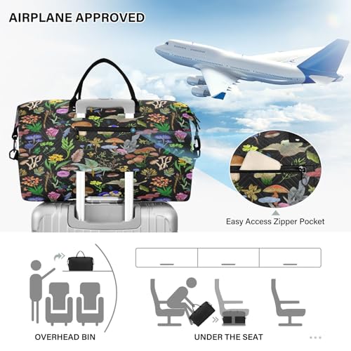 ​​Large Foldable Travel Duffel Bag, Waterproof Gym Bag for Men & Women, Carry-On Luggage Weekender Overnight Bag, Mushrooms Black4