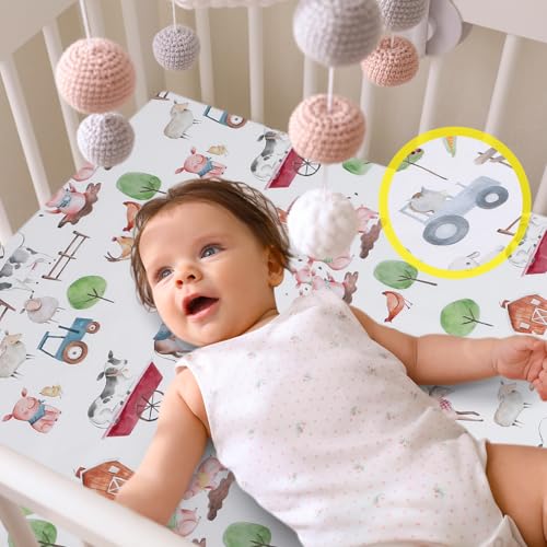 Image of Mindsoft 2 Pcs Farm Animal Crib Sheet Set 52 x 28 x 8 Inches Fit for Standard Crib Toddler Mattress Newborn Gifts for Girl Boys, Breathable Soft Baby Sheet