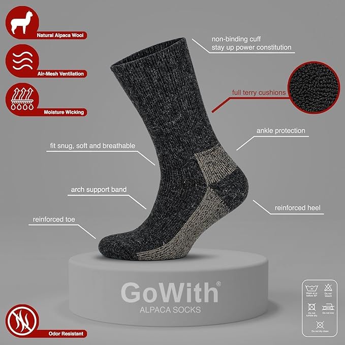 GoWith 2 Pairs Hiking Alpaca Wool Crew Socks for Men & Women, Merino Wool Full Cushioned & Terry Cozy Fuzzy Socks3